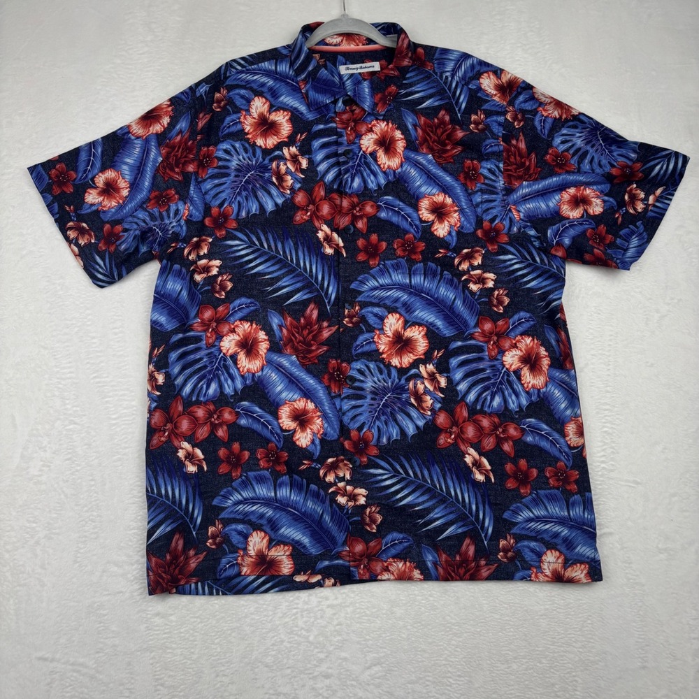 Tommy Bahama Mens XL Navy Blue Tropical Floral Hibiscus Short Sleeve Button up